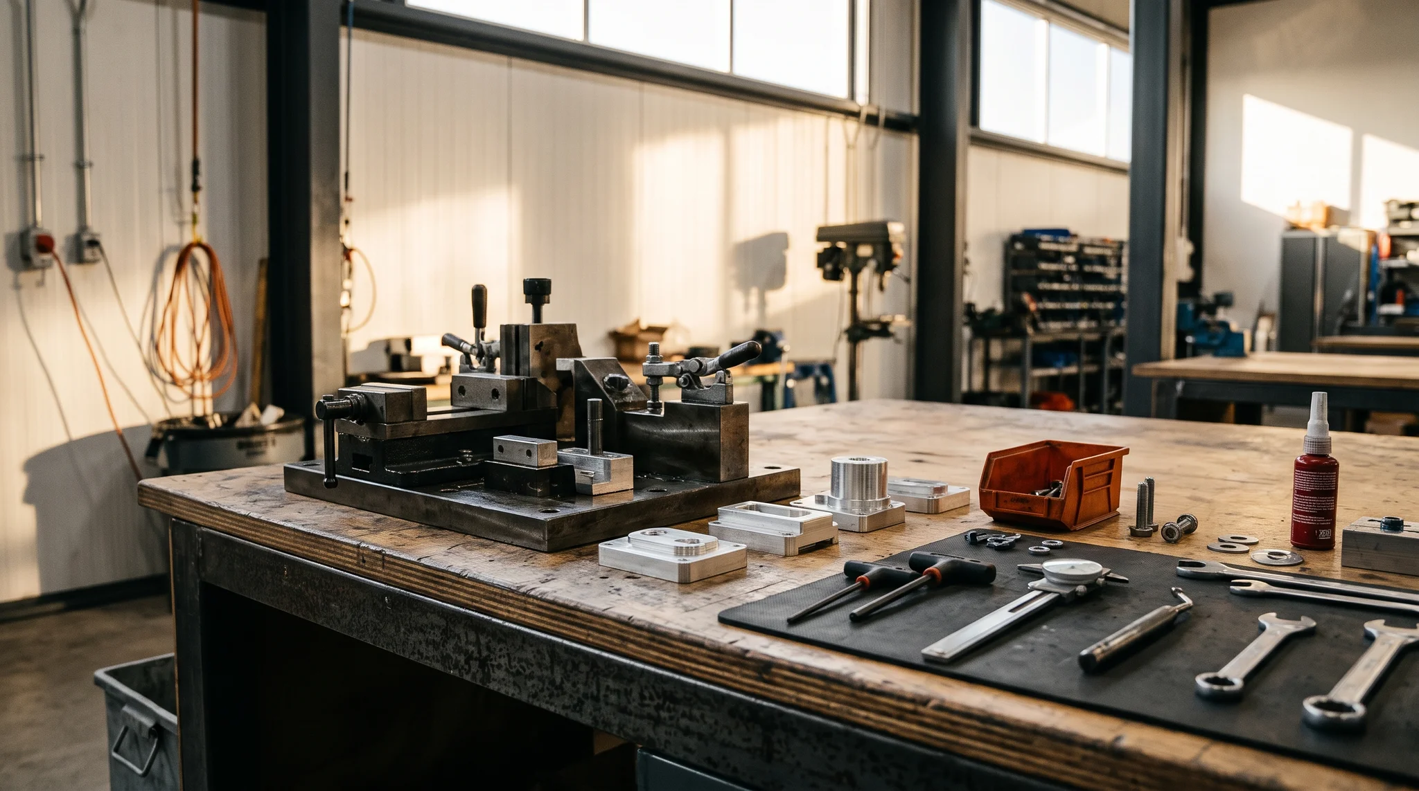 Conceptual workshop bench with an assembly fixture, hand tools, and warm afternoon light
