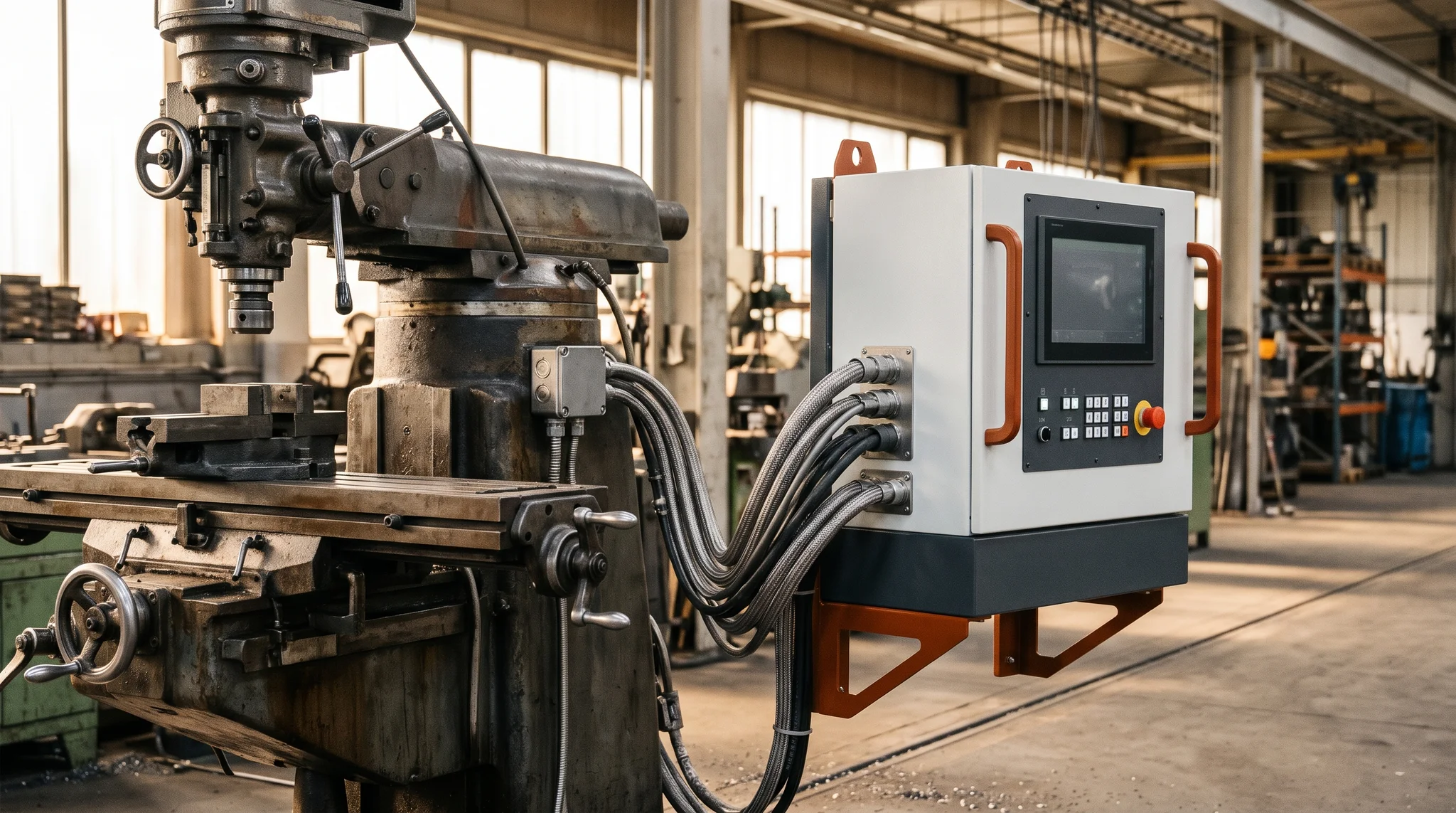 Conceptual legacy workshop machine beside a modern industrial control module