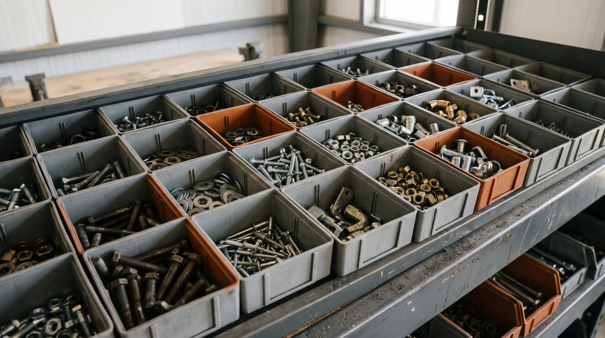 Conceptual overhead view of organized parts bins in a warehouse