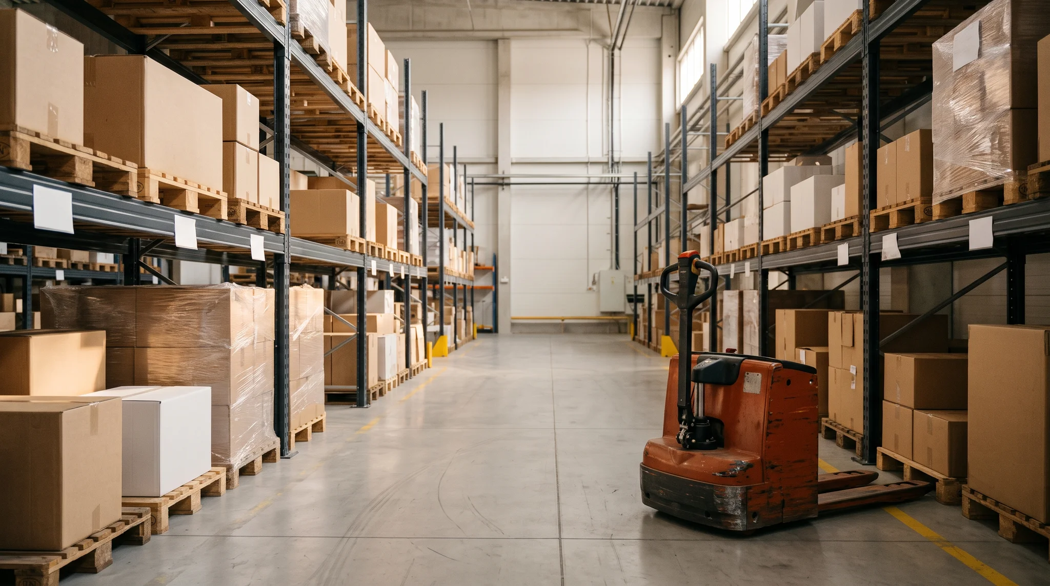 Conceptual warehouse aisle with stocked shelving and an orange electric pallet truck